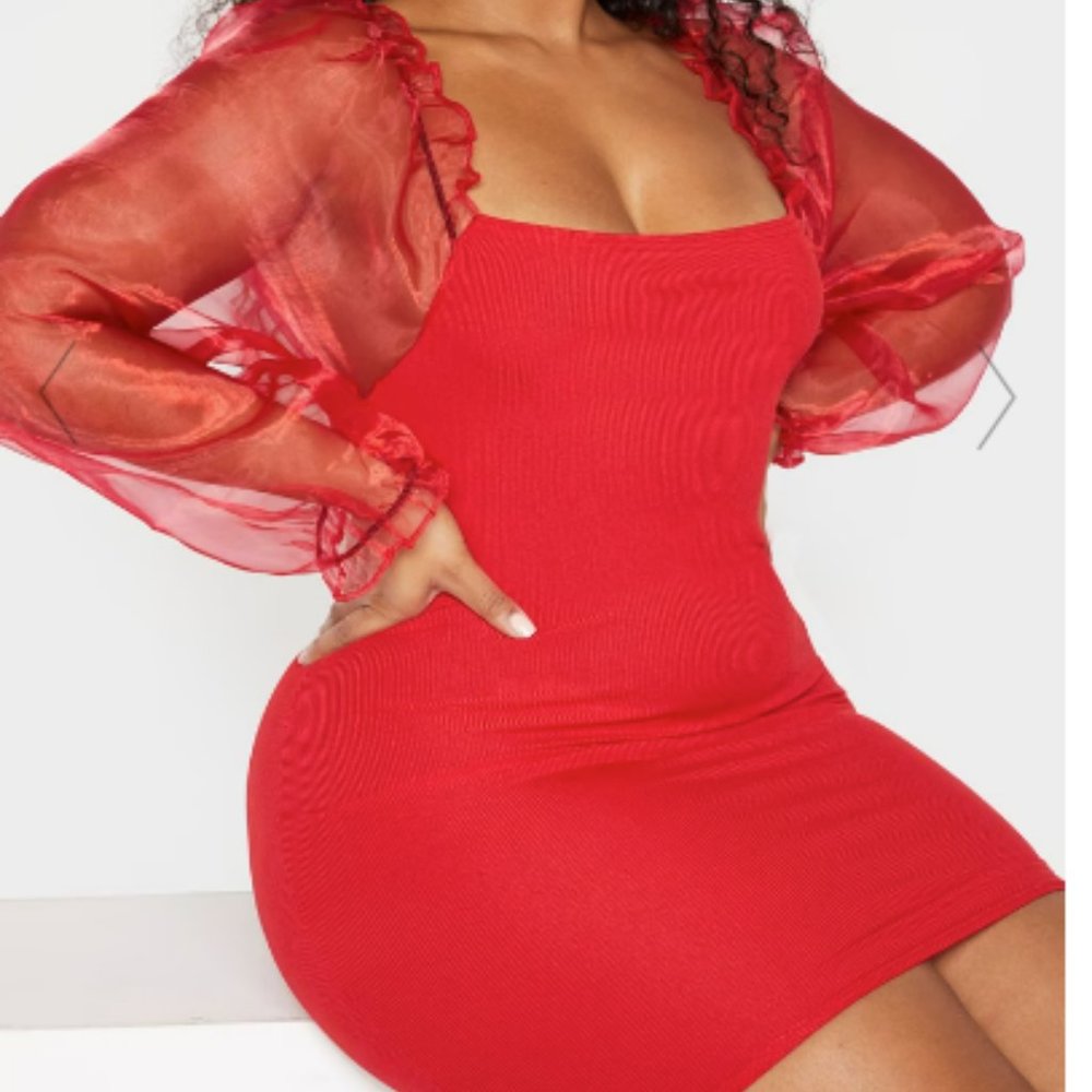 PLUS RED LONG SLEEVE ORGANZA BODYCON DRESS
